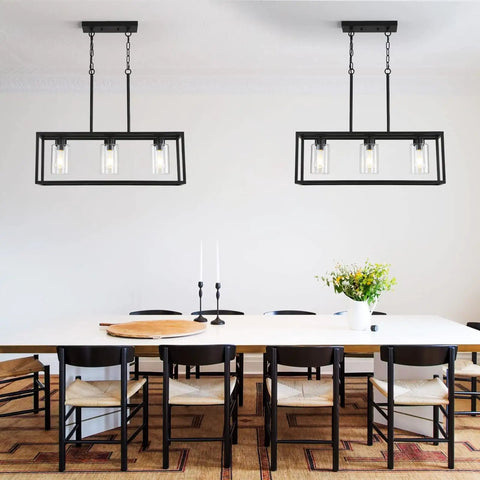 6 Light Dining Room Fixture In Black Modern Farmhouse Industrial Chandelier Rectangular Pendant Lighting For Dining Room Kitchen Island And Bar Height Adjustable Chains For Custom Fit And Chill Vibe hanging over dining table.