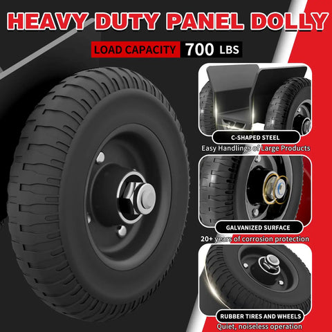 Beefy 8 Inch Panel Dolly Cart For Doors And Slabs with solid rubber wheels and steel C-shaped frame 700 lb capacity