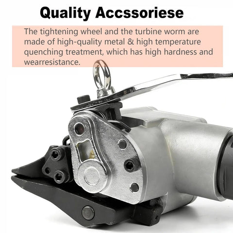 Heavy Duty Pneumatic Steel Strapping Machine For 1.25 Inch Wide Buckles With Integrated Tensioner And Cutter Sealer showing metal tightening wheel and turbine worm.