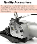 Close-up of Heavy-Duty 3-In-1 Pneumatic Strapping Machine For 1.25 Inch Steel Strap, showing tightening wheel and turbine worm.
