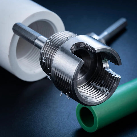 Heavy Duty 3 Pc Pipe Threader Kit For Cutting Internal External Threads On 1.2 And 1 Inch Pvc Pipes Compatible With Electric Drill Made From Durable Carbon Steel showing a close-up of a thread cutter.