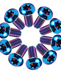 M5 X 10mm 10 Pack Torx T25 Head Screws 304 Stainless Steel Bolts Burnt Blue Titanium Coated Fasteners arranged in circle.