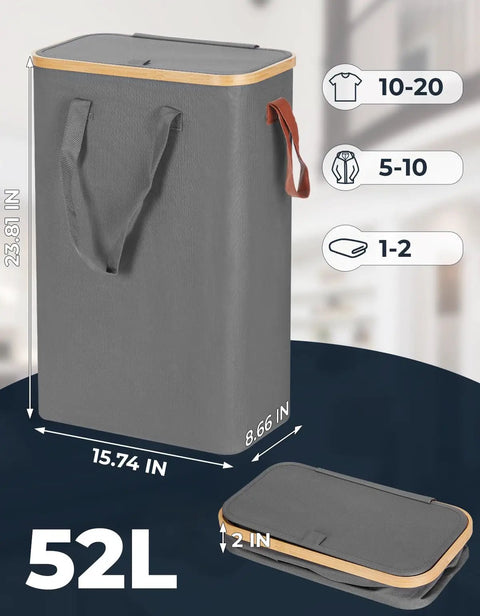 Slim Laundry Basket With Lid Collapsible Narrow Hamper With Removable Washable Bag Made Of Bamboo And Oxford Fabric 52L Gray in room setting