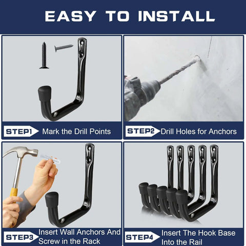 Installation steps for Beefed Up Heavy Duty J Hooks For Garage Storage 5 Pack Black Wall Hooks 40 Lb Capacity Easy Stud Wall Or Brick Mount Rust Resistant Powder Coat With Non Marking Rubber Caps.