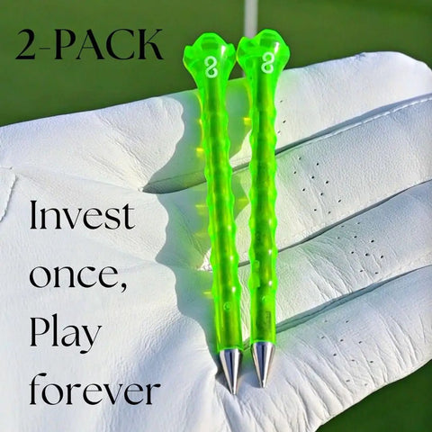 Two Forever Tee Premium Metal Unbreakable Golf Tees with Extended Metal Tip held in a golf glove palm, bright green color.
