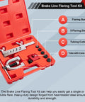 Clatoon brake line flaring tool kit in a red case with flaring bar, five dies, tubing cutter, and yoke with cone anvil.