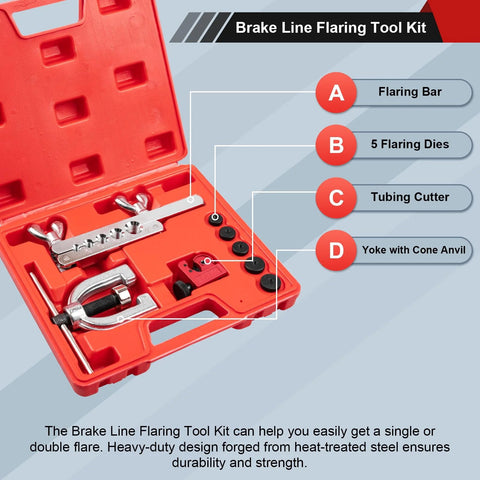 Clatoon brake line flaring tool kit in a red case with flaring bar, five dies, tubing cutter, and yoke with cone anvil.