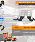 Lower Hood Pivot Kit, Pivot Bolt Kit, Upper Pivot Bracket Kit For 377 378 379 Trucks Replacement M134708R M134708L parts overview