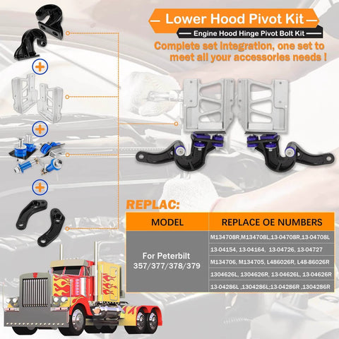 Lower Hood Pivot Kit, Pivot Bolt Kit, Upper Pivot Bracket Kit For 377 378 379 Trucks Replacement M134708R M134708L parts overview
