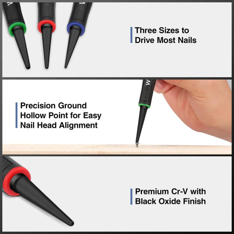 Three-Piece Nail Punch Set with color coded nail setters and shock absorbing grip for precise driving, close-up view