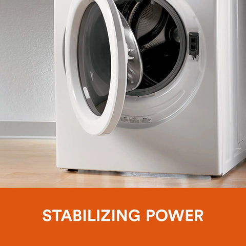 Washing machine stabilized with Heavy Duty Self Adhesive Gripping Pads For Hard Surfaces One And A Half Inch Brown 8 Count No Slip Furniture Grippers That Keep Appliances And Lamps From Dancing And Staying Put On Floors And Tables. Focus on stabilization on hardwood floor.