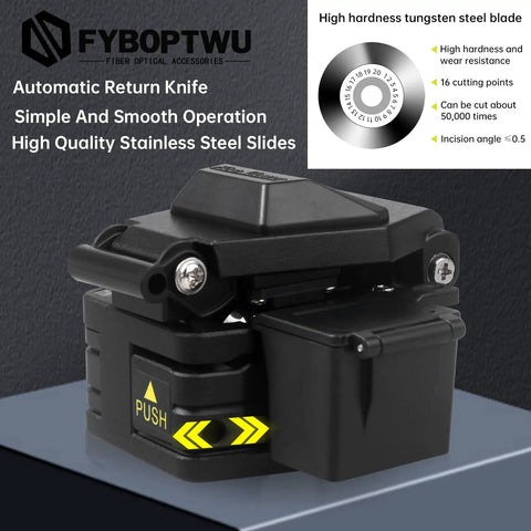 Three In One FTTH Fiber Cleaver With Auto Scrap Collector, tungsten steel blade, black, metal cutter for splicing tool, close-up view