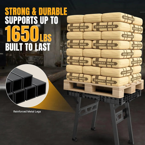 Portable Folding Workbench With 3 Second Setup, 34 Inch Wide By 24 Inch Deep Work Table supporting 1650 lbs of cement blocks