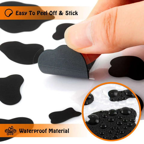 Close-up of Cow Print Stickers Set 600 Pcs Self Adhesive Wall Decals, waterproof vinyl being peeled off a sheet, with water droplets.