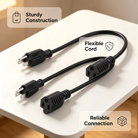 Six Pack 16 Awg 13 Amp Heavy Duty Indoor Extension Cords One Foot three prong grounded plug on a table with flexible cord design.
