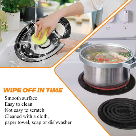 Porcelain Drip Pans 4 Pack for GE Hotpoint Range Cooktop shown being cleaned under running water and in use on a stove with a pot