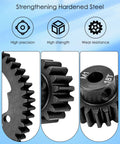 Close-up of Beefed Up Hardened Steel 46T Spur Gear and 18T Pinion Gear Set for RC cars, showing gear teeth and steel material.