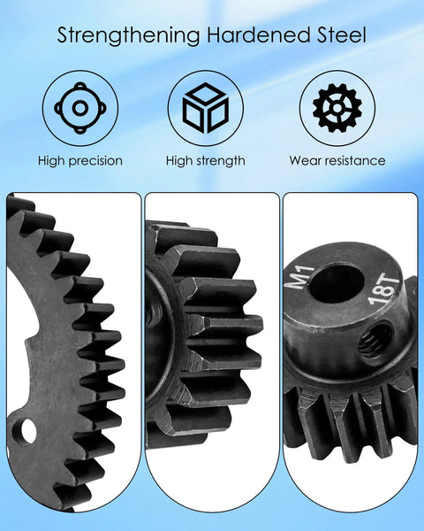 Close-up of Beefed Up Hardened Steel 46T Spur Gear and 18T Pinion Gear Set for RC cars, showing gear teeth and steel material.