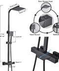UMJIGF 8 Inch Black Shower System Thermostatic Waterfall Shower Faucet Set dimensions, featuring rain shower head, hand shower, and tub spout.