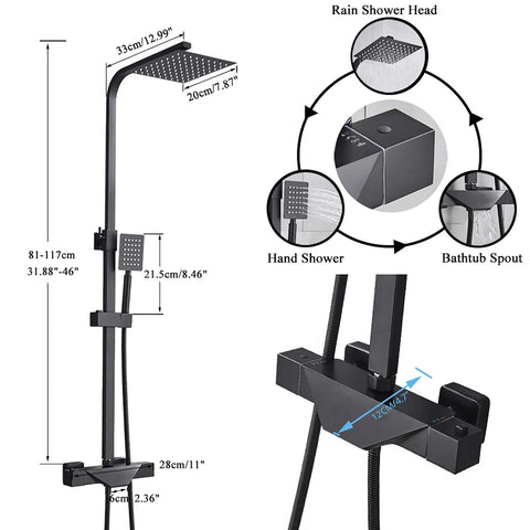 UMJIGF 8 Inch Black Shower System Thermostatic Waterfall Shower Faucet Set dimensions, featuring rain shower head, hand shower, and tub spout.