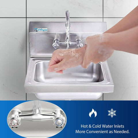 Hand using Durable 304 Stainless Steel Hand Sink With Wall Mount Faucet Workhorse Commercial Grade Restaurant Kitchen Sink.