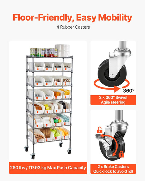 7 Tier Rolling Bin Storage Rack With 24 Small Bins Mobile Steel Wire Shelving System On Wheels for easy mobility and storage