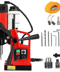 Heavy Duty Magnetic Drill Press 110V 1300W With Double Track Design For Metal Boring Up To 1.57 Inch Bore Diameter Includes Two Drill Bits, showing drill and accessories.