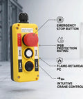 Built Like A Tank Three Button Electric Hoist Crane Push Button Switch featuring a yellow emergency stop button and IP68 rating.