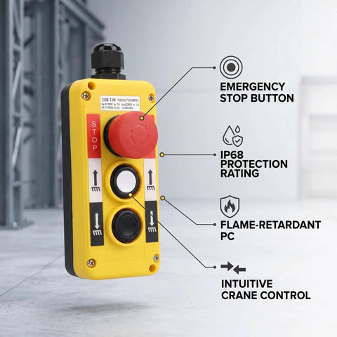 Built Like A Tank Three Button Electric Hoist Crane Push Button Switch featuring a yellow emergency stop button and IP68 rating.