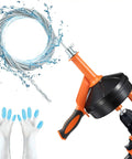 Drain Auger Clog Remover With Drill Adapter 25 Ft Flexible Plumbing Snake, orange handle, gloves, drill attachment visible.