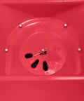 Close-up of Red Pro Grade Heavy-Duty 100 Lb Broadcast Fertilizer Spreader with adjustable drop rate mechanism and coated frame.