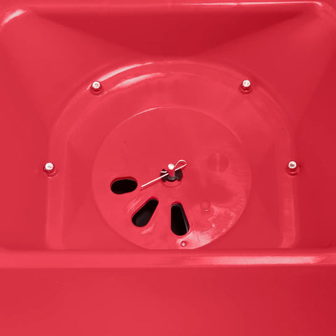 Close-up of Red Pro Grade Heavy-Duty 100 Lb Broadcast Fertilizer Spreader with adjustable drop rate mechanism and coated frame.