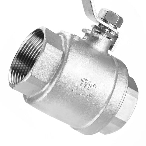 Heavy Duty Stainless Steel Quarter Turn Ball Valve One Point Five Inch Npt Female Full Bore Connection For Water Oil Gas Lines Built Different With Hella Smooth Control showing threaded connection and smooth finish.