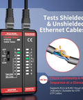 All In One Ethernet Cable Tester For LAN And Telephone Lines RJ45 RJ11 Cables From CAT5 Through CAT7 Quick Continuity Short Open Wire Miswire And Shield Status Detection Great For Home Repair And DIY Tech Pros. Compact plastic RJ11+RJ45 cable tester with LED status indicators