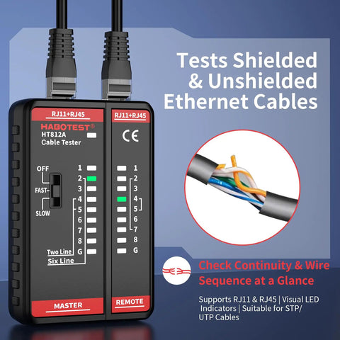 All In One Ethernet Cable Tester For LAN And Telephone Lines RJ45 RJ11 Cables From CAT5 Through CAT7 Quick Continuity Short Open Wire Miswire And Shield Status Detection Great For Home Repair And DIY Tech Pros. Compact plastic RJ11+RJ45 cable tester with LED status indicators