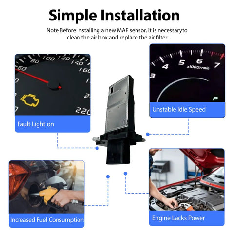 Nissan Infiniti Mass Air Flow Sensor MAF OE Replacement 22680-7S000 installation with dashboard indicators and engine images.