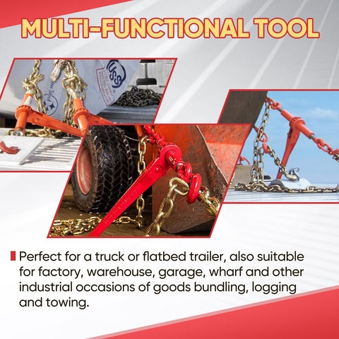 Two Pack Five Sixteenths To Three Eighths Inch Ratchet Load Binders With Five Thousand Four Hundred Pounds Working Load Limit for secure hauling shown securing heavy-duty chains on trailers.