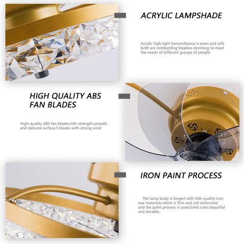 Close-up views of Bladeless Ceiling Fan With Lights 20 Inch Remote Control Reversible Motor 6 Speed Settings 3 Color Temperature Options Semi Flush Low Profile Mount 30W Dope Gold Finish, showing acrylic lampshade, ABS blades, and iron paint process.