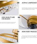 Detailed view of acrylic lampshade and ABS fan blades on modern bladeless ceiling fan, highlighting iron paint process