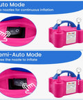 Electric Balloon Pump Inflator, Portable Balloon Blower with two nozzles, auto and semi-auto modes, red case with switch close-up