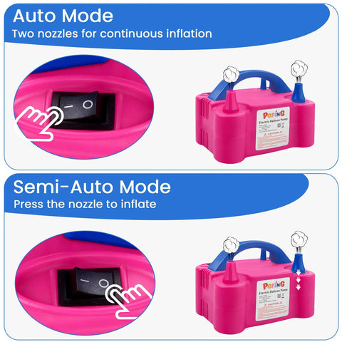 Electric Balloon Pump Inflator, Portable Balloon Blower with two nozzles, auto and semi-auto modes, red case with switch close-up