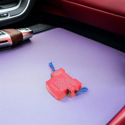 Heavy Duty Automatic Car Fire Extinguisher With Sticky Self Adhesive Patch For Quick Dash Install and Fast Engine Bay Fire Knockout In Rvs Trailers Or Daily Driver Trucks on dashboard.