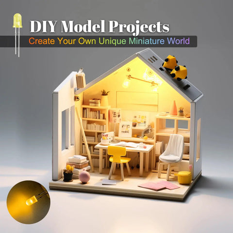 Miniature room illuminated by 450 Piece 5mm LED Diode Kit With Five Colors White Red Yellow Green Blue For DIY projects