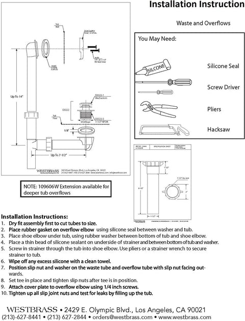 Installation instructions for Top Shelf 14 By One And A Half Inch White Tubular Bathtub Waste Overflow Kit with tools and diagrams.