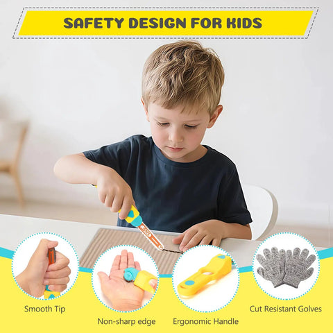 129 Piece Cardboard Construction Kit For Kids With Safe Serrated Cutter Crease Roller Screws And Nuts STEM Educational Building Toys Gift For Boys And Girls Age 5 And Up Totally Hands On Fun, child using safe cutter