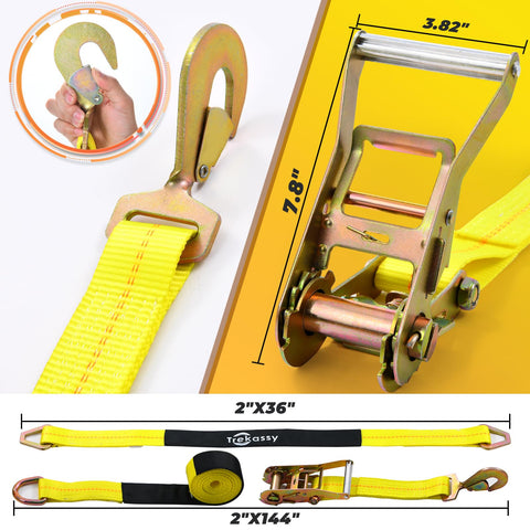 Heavy Duty Car Tie Down Straps For Trailers 2 Inch By 12 Foot, 10000 Lbs Break Strength with steel ratchet and hook