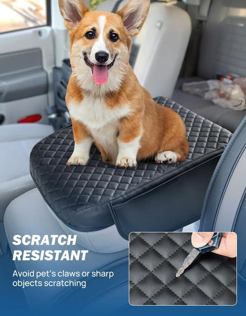 Dog sitting on Center Console Cover For Ram 2002 To 2012 1500 2500 3500 Jump Seat Console Leather Armrest Cover With Two Handy Pockets