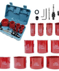 Front view of LAIWEI 20-piece hole saw kit in blue case with red bi-metal saws (3/4–2-11/16 in) for metal wood plastic