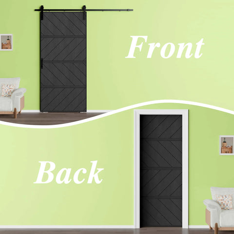 Front and back view of 36 By 84 Inch Sliding Barn Door MDF With Waterproof Surface DIY Assembly Ready Pre Drilled Slab in living room.