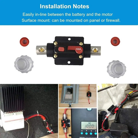100A Auto Audio Inline Circuit Breaker With Manual Reset For 12V 24V DC Systems Protect Car Stereo And Marine Boat Audio From Overload And Short Circuit Ideal For Amps And Power Inverters. Inline metal circuit breaker with red reset button, panel-mounted.